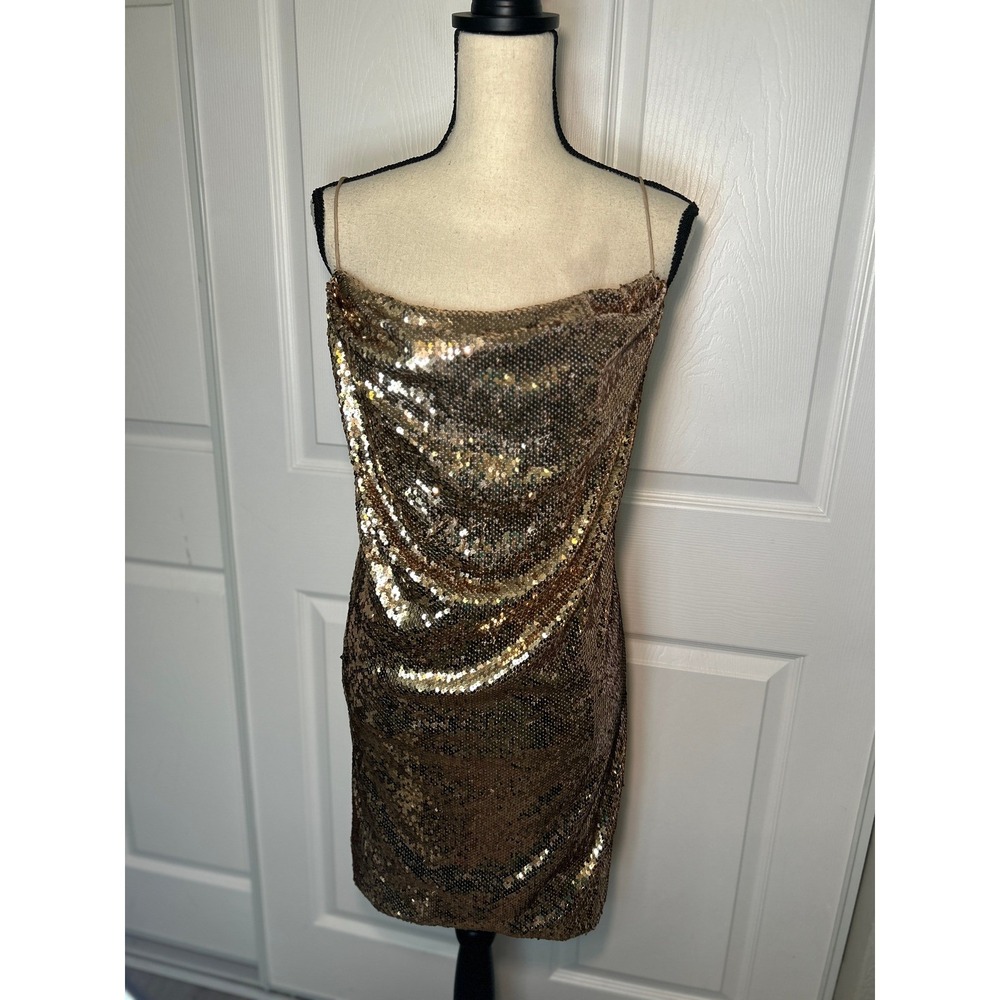 NWT ASOS Sequin Cowl Neck Slip Mini Dress Gold‎ Party Strappy Open Back Size 12